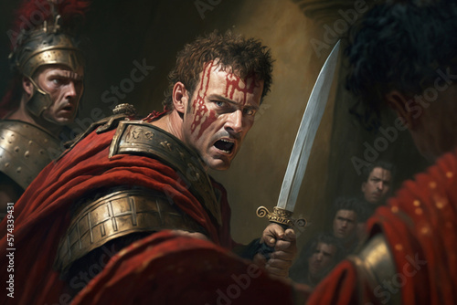 Julius Caesar assassination | moment just after Caesar is stabbed by senators, rendered in a vivid, painterly style that accentuates red of his tunic and cold steel of the conspirators' daggers. Ai