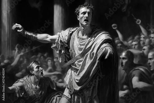 Julius Caesar assassination | Julius Caesar was attending a meeting in Rome, surrounded by members of the Roman Senate. Suddenly, one of senator, Gaius Cassius, drew his dagger and stabbed Caesar. Ai
