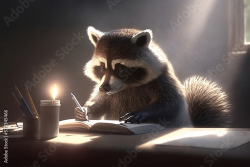 Popular writer raccoon writing a novel. Generative AI