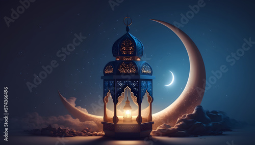 Lanterns stands in the desert at night sky, lantern islamic Mosque, crescent moon Ramadan Kareem themed illustration background