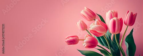Spring tulip flowers on pink background top view in flat lay style. Greeting for Womens or Mothers Day or Spring Sale Banner. Generative Ai.