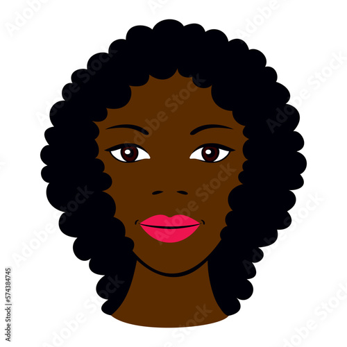Twarz ładnej Afroamerykanki, portret kobiety o ciemnobrązowej skórze i pomalowanych ustach. Brązowe oczy, czarne loki. Buzia ciemnoskórej dziewczyny, rysunek wektorowy na białym tle, ilustracja