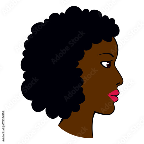 Profil dziewczyny o ciemnej skórze i brązowych oczach. Fryzura afro, makijaż. Głowa pięknej Afroamerykanki z pomalowanymi ustami. Rysunek wektorowy, ilustracja, awatar