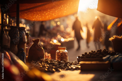 Sunset Adventure in Marrakech: Exploring the Colorful Markets and Aromas of Morocco's Exotic Souks AI Generative