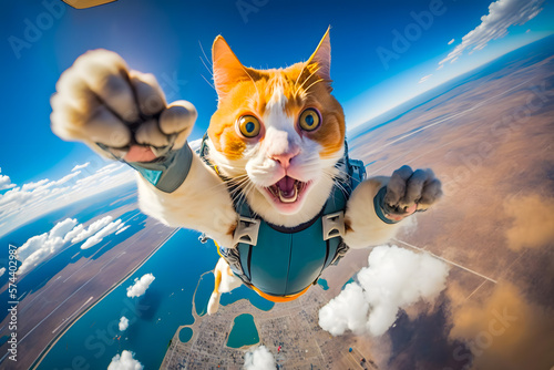 Athletes ginger cat with a frightened muzzle skydivers jump from an airplane falling in free fall above the ground and clouds. Generative AI technology.