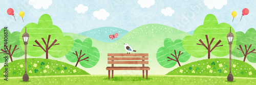 自然に囲まれた公園のベンチにとまる小鳥 新緑の水彩風景イラスト