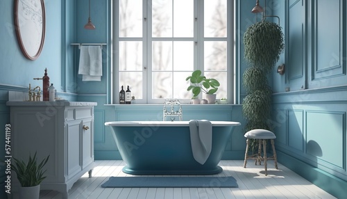 Scandinavian style bathroom interior with blue color bathtub, towel and big window Generative AI