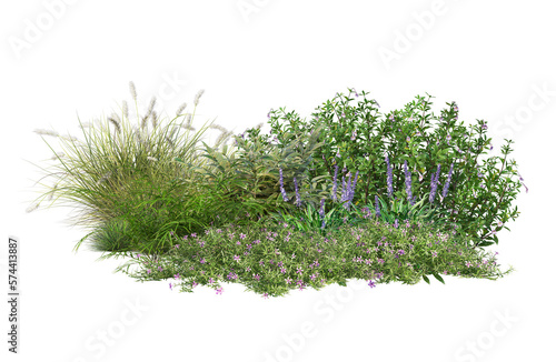 A small garden decorated with many plants on a transparent background.