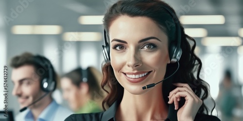 Freundliche Mitarbeiterin im Callcenter mit Headset lächelt und telefoniert, ai generativ