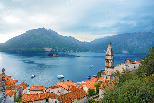 View of the islands of Gospa od Skrpjela and St. George, which are located opposite Perast in Montenegro