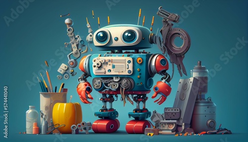 An illustration of a robot with various tools and gadgets, representing its versatility AI Generated