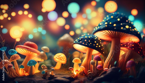 A magical bokeh background of a fairy garden with colorful mushrooms and flowers in the foreground AI Generated