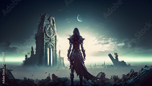 Davastated female freedom fighter, large graveyard, decimated ladscape, destroyed city in background, ai generative