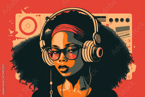 Black girl listens hip hop music, portrait of fictional young woman, illustration, generative AI