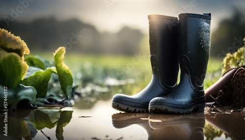 Black rubber boots stand in a puddle in the garden