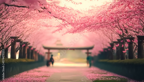 Sakura Cherry blossoming alley. Wonderful scenic park with rows of blooming cherry sakura trees in spring. Pink flowers of cherry tree. digital ai art