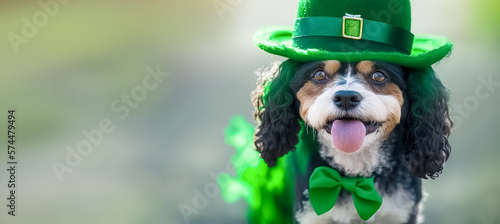 Cute dog wearing a leprechaun hat and a green bow tie. St. Patrick's holiday party. digital art