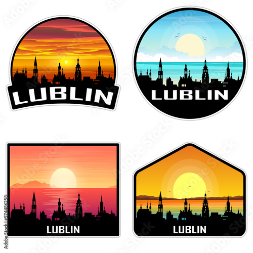 Lublin Poland Skyline Silhouette Retro Vintage Sunset Lublin Lover Travel Souvenir Sticker Vector Illustration SVG EPS AI