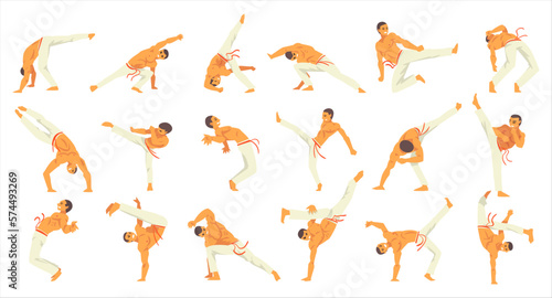 Man practicing capoeira movement set. Young man doing different combat elements cartoon vector Illustration