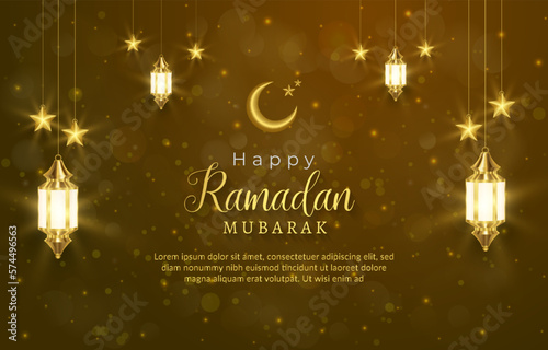 beautiful happy ramadan mubarak template banner with beautiful illustration shiny light luxury islamic ornament and abstract brown and golden background design