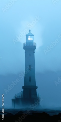 Digital Illustration of a Foggy Lighthouse Landscape, Minimalist Style, Evocative, Concept Shot, Blue Tint, ade in part with Generative AI