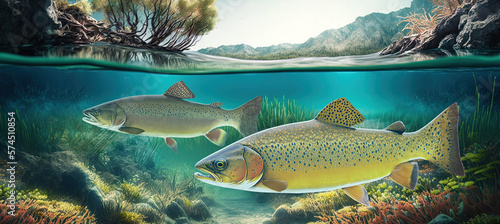 Apache and Gila trout swimming in a river by generative AI