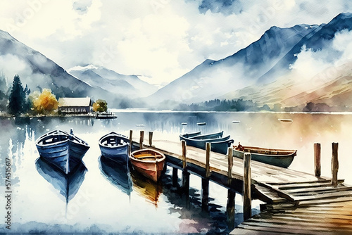 Digital watercolor painting of Panorama landscape rowing boats on lake with jetty against mountain background illustration