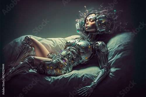 Mysterious fictional cyborg android girl awaking from long sleep. Mechanical element is blended into her body. Made with Generative AI