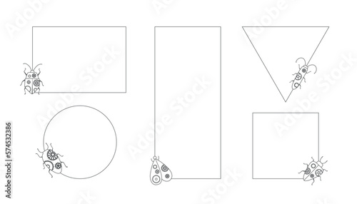 Set of frames, windows with insects. Outline vector illustration