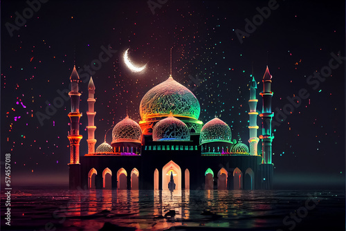 illustration of neon colors mosque with high minaret on the night . AI