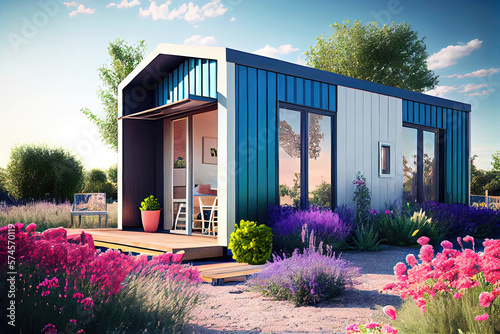 Illustration of modern tiny house in beautiful mediterranian garden (Generative AI)