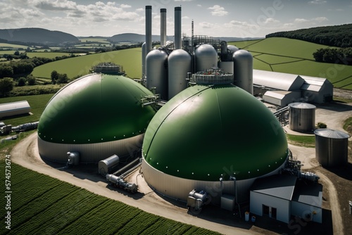 Aerial view of biogas factory. Generative AI.