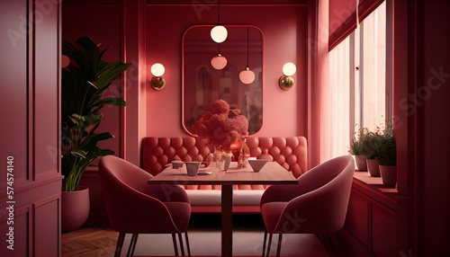 illustration du mur de la salle à manger avec Viva Magenta, ensemble de salle à manger de couleur rouge rose chaud, table en bois au sol. generative ai