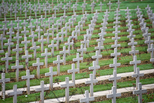 Endless crosses at the cemetery outside the Douaumont ossuary (L'ossuaire de Douaumont) built in 1932 is a memorial containing the remains of soldiers who died at the battle of Verdun 21 February 1916