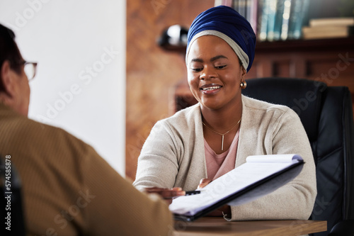 Legal, signature or contract with black woman with senior planning on documents for insurance, loan or agreement. Lawyer, financial advisor and consulting with elderly for retirement deal will review