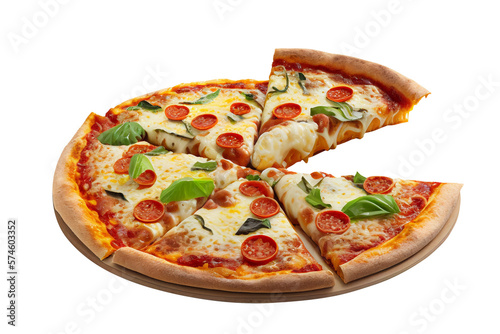 pizza on wood plate isolated on white background, image ai generate