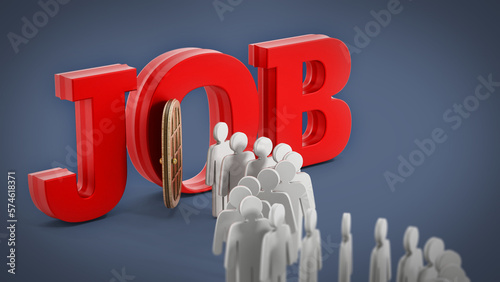 People figures entering the door in front of the word job. 3D illustration