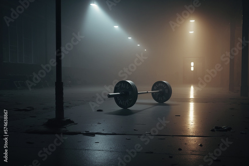 Sala de gimnasio vacío con ambiente de niebla y unas pesas en el suelo, ambiente oscuro. Generative ai.