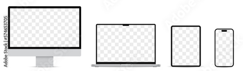 Laptop, Smartphone, Computer, Tablet realistic vector. Device screen mockup set. Realistic devices set - smartphone, computer, laptop, tablet isolated on white background. Vector