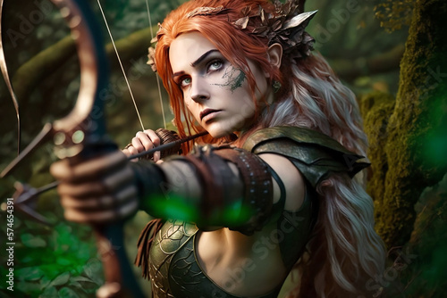 Red-haired young female archer with green, scanty leather armour in the forest. Female archer ready to shoot. Generative AI