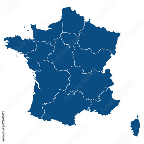 France or French map with blue and transparent background division 13 regions. Vector Illustrator.