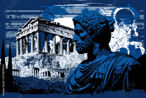 Parthenon temple in Athens, Greece, with the Greek flag incorporated into the background. The image also features iconic landmarks of Athens, such as the Temple of Olympian Zeus, generative ai