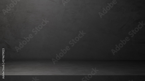 Empty dark cement wall room studio background and floor concrete rough shelf well material montage display products and text present on free space backdrop 