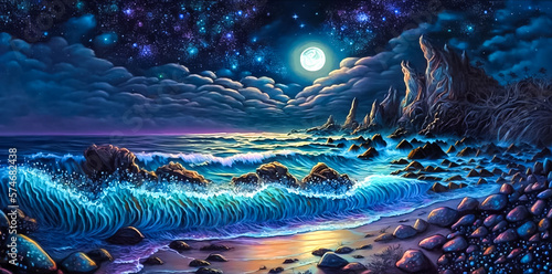 Intricate night seascape with rocky seashor and full moon on starry sky. Fantasy background.