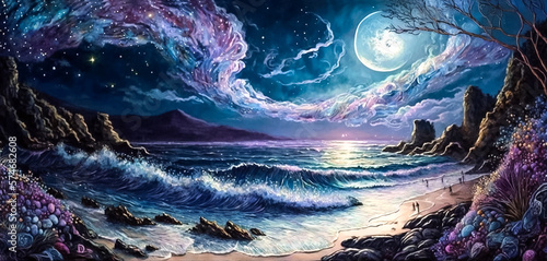 Horizontal illustration with night seascape and full moon. Digital painting.