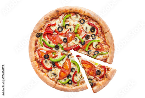 Delicious vegetarian pizza with champignon mushrooms, tomatoes, mozzarella, peppers and black olives, cut out