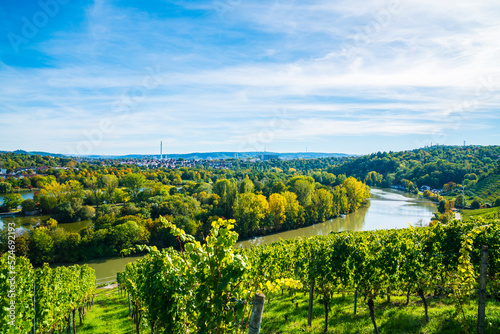 Germany, Stuttgart aerial panorama view max eyth see lake water neckar river boats beautiful houses autumn nature landscape and bridge