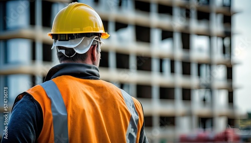 Construction concept. at back of the construction worker head which is wearing the safety helmet and checking work at the construction site. Non-existent person. Generative Ai