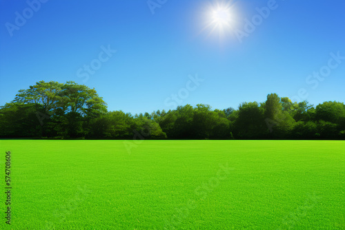 Papel de parede gramado verde plano com árvores e céu azul e sol