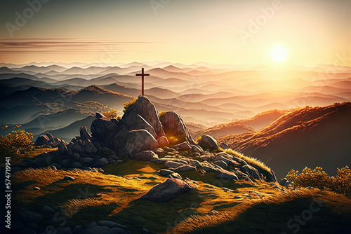 The cross sits at the top of the mountain, and the light shines on Calvary Hill ,made with Generative AI